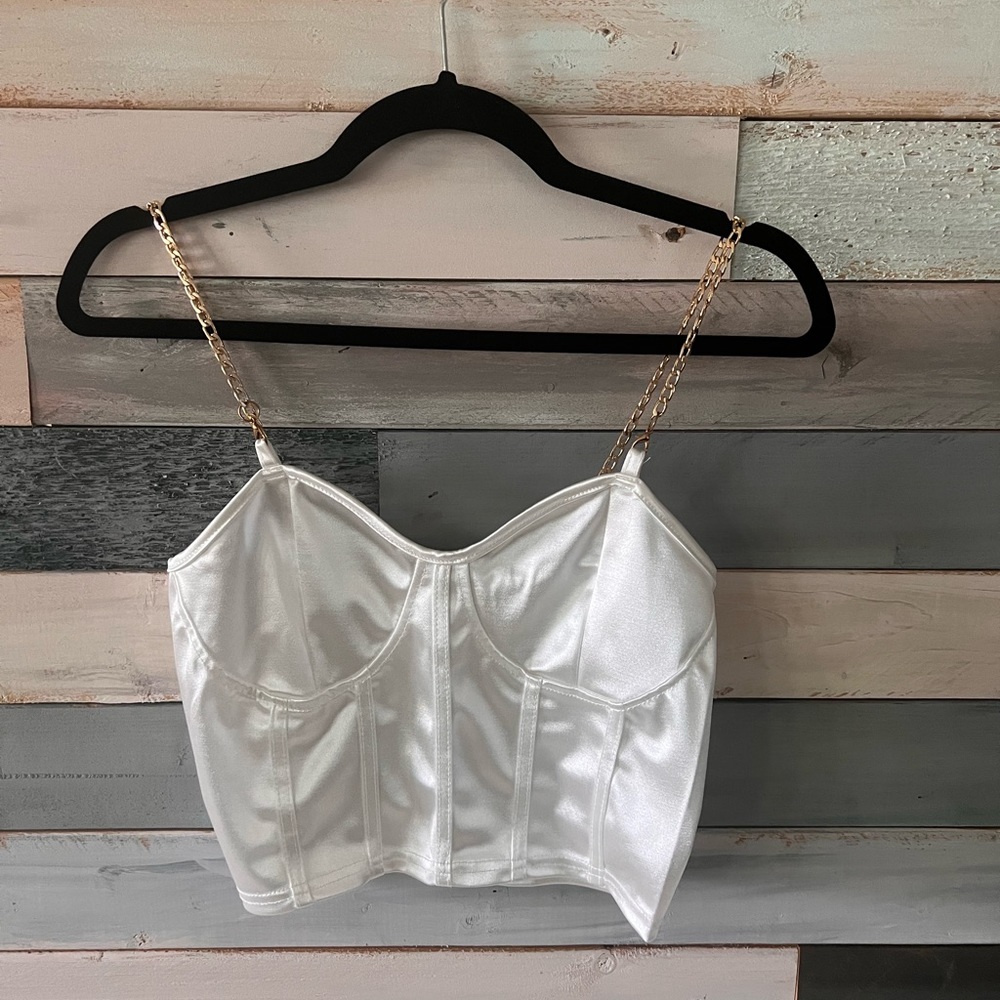 White satin crop top - gold chain straps - medium